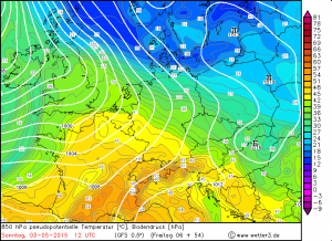 Prognoza temperatury pseudopotencjalnej na powierzchni 850 hPa i ciśnienia na poziomie morza na 3 maja, godzinę 12:00 UTC