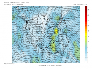 Silna liniowa zbieżność wiatru prognozowana na środę będzie napędzać burze w tej części kraju (prognoza modelu GFS, źródło: meteomodel.pl)