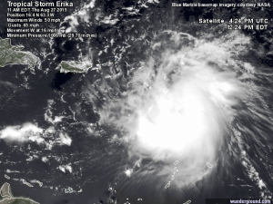 Zdjęcie satelitarne burzy tropikalnej Erika z dn. 27 sierpnia b.r. Erika znajdowała się w tym czasie nad Wyspami Nawietrznymi (źródło: Wunderground)