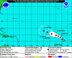 Aktualna trasa huraganu Fred (źródło: NOAA)
