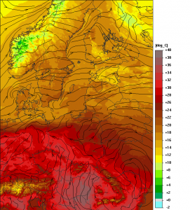 Prognozowana temperatura powietrza na jutrzejsze popołudnie (model UMPL)