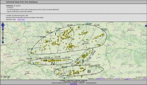 Mapa raportów ESWD z nakreślonymi trasami przejścia burz