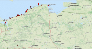Grafika obrazująca przypadki trąb wodnych, które wystąpiły na terytorium Polski w latach 2005-2015. Można zwrócić uwagę na jeden przypadek w woj. lubuskim (Jezioro Głębokie niedaleko Międzyrzecza - 2006) oraz w woj. warmińsko-mazurskim (Jezioro Niegocin koło Giżycka - 2009). Źródło: ESWD
