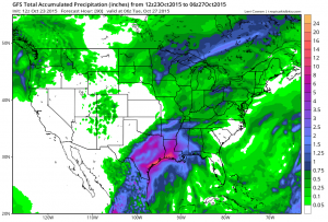 Prognozowana suma opadów dla Teksasu i okolic przez model GFS (źródło: NOAA)