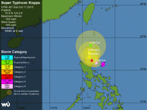 Prognozowana trasa tajfunu Koppu z dnia 17.10.2015 r. (źródło: Wunderground)