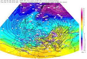 Prognoza temperatury dla powierzchni ziobarycznej 850 hPa ukazuje dynamiczne zderzenie się dwóch mas powietrznych nad SE Polską w nocy 11/12.01.2016. Źródło grafiki: ESTOFEX, model: GFS