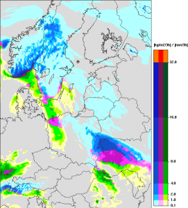 Prognoza nasilenia i typów opadów atmosferycznych na 11.01.2015, godz. 00:00 UTC (źródło: Numeryczna Prognoza Pogody ICM, http://meteo.pl; model UMPL)