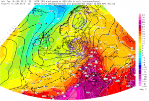 Temperatura na wysokości izobarycznej 850 hPa w piątek, 17.06, o godz. 12:00 - model GFS, źródło: ESTOFEX.