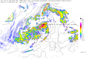 Intensywność i typ opadów + ciśnienie na poziomie morza, prognoza na 17.06.2016, godz. 14:00 (model GFS, źródło: ESTOFEX)