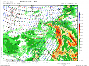 MLCAPE wraz z prezentacją prędkości i kierunku wiatru na wybranych wysokościach troposfery, prognoza na piątek na godz. 09:00 UTC, model WRF 12km, źródło: modellzentrale.de