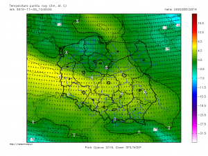Ciepły sektor układu niżowego jest dobrze widocznych na mapach prognostycznych temperatury punktu rosy (prognoza GFS na 02.12.2016, godz. 00 UTC, źródło: http://meteomodel.pl)