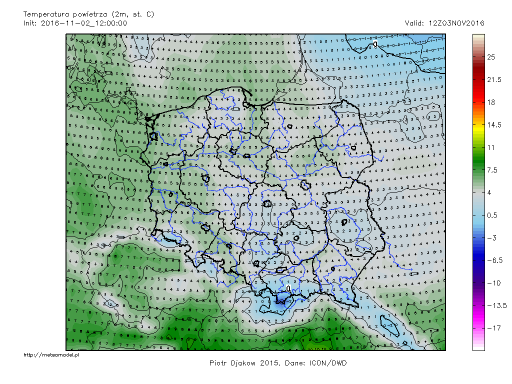 Temperatura maksymalna wg modelu ICON z dn. 03.11.2016 r. godz. 12:00 UTC. Źródło: meteomodel.pl