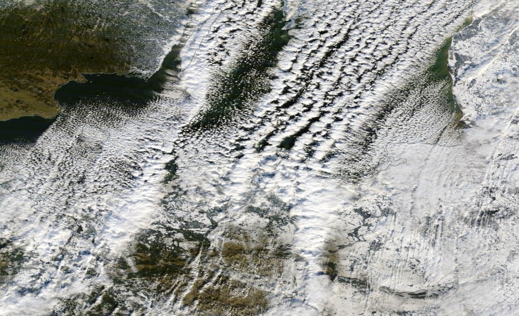 Obraz satelitarny w świetle widzialnym przedstawiający „efekt jeziora” nad Morzem Bałtyckim z dnia 5 stycznia 2017 r.