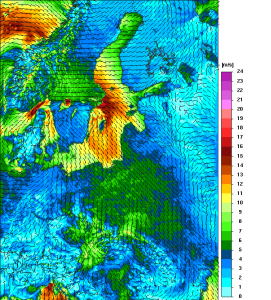 Prognozowane średnie porywy wiatru na dzień 05.11.2016 r. godz. 12:00 UTC, Źródło: Model UM ; meteo.pl