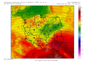 Maksymalna temperatura powietrza wyliczana w dniu 3.05.2017 r. Źródło: Model GFS, Meteomodel.pl