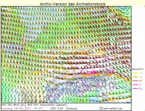Prędkość wiatru na wysokości izobarycznej 850 hPa (skala w stopniach Beauforta). Źródło: wetter3.de