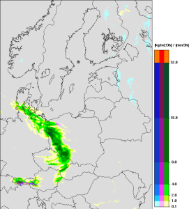 Prognozowane opady deszczu na sobotnie przedpołudnie (Żródło: Model numeryczny UMPL 4 km Uniwersytetu Warszawskiego)
