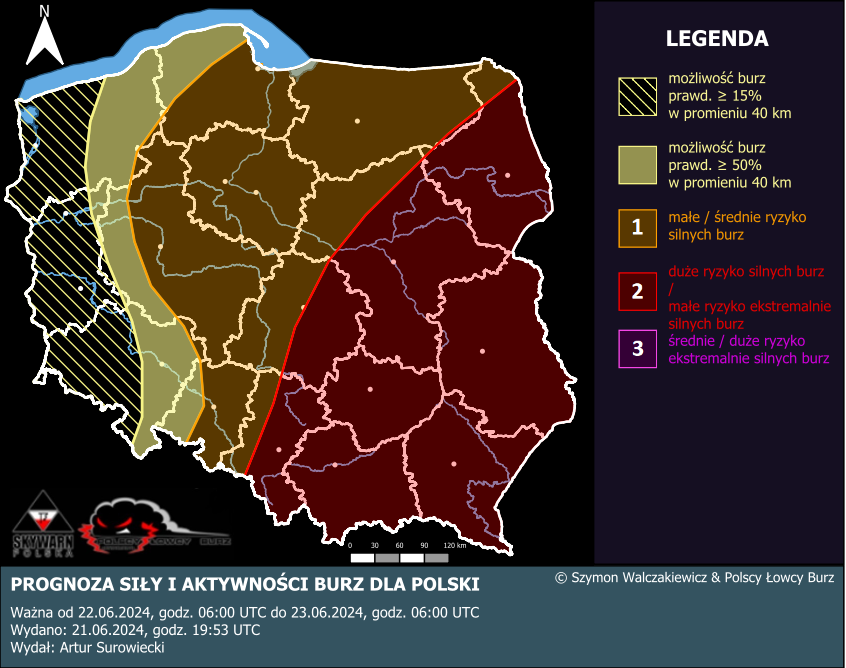 Pronóstico de convección para Polonia para el 22 de junio de 2024 y la noche del 22/23 de junio de 2024